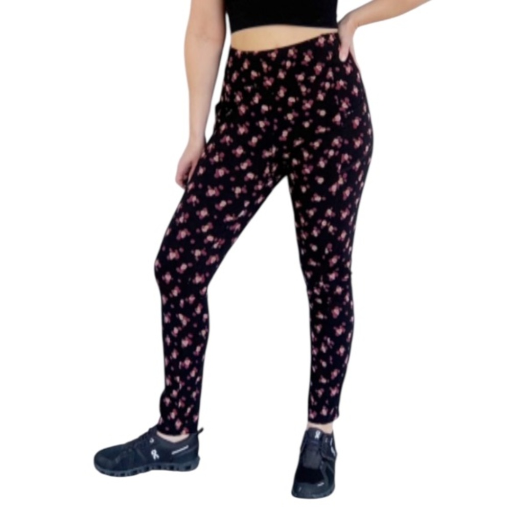 CAbi black pink high rise abstract floral stretch pocket leggings size medium